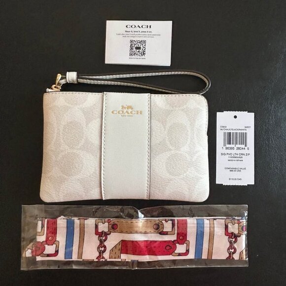 Coach Signature PVC Corner Zip Wristlet Canvas Stripe Glacier White #CS602 NWT - Picture 1 of 11
